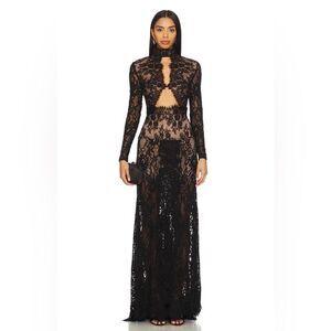 NWOT BRONX AND BANCO Eleanor Sheer Long Sleeve High Slit Lace Gown in Black